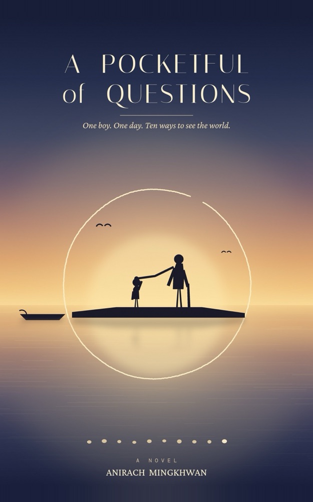 Front cover of the English edition: a boy and a stooped elderly figure holding hands on a jetty, silhouetted against a large low sun over calm water, a small boat moored to the left, in a warm dusk palette.